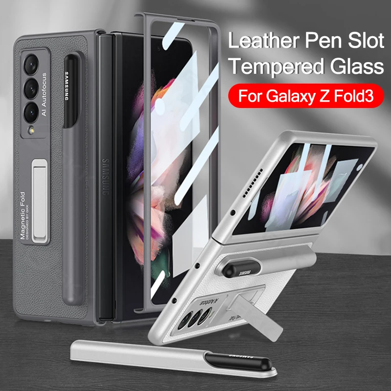 

GKK Original Leather Pen Holder Case For Samsung Galaxy Z Fold 3 Case Outer Screen Glass Stander Hard Cover For Galaxy Z Fold3