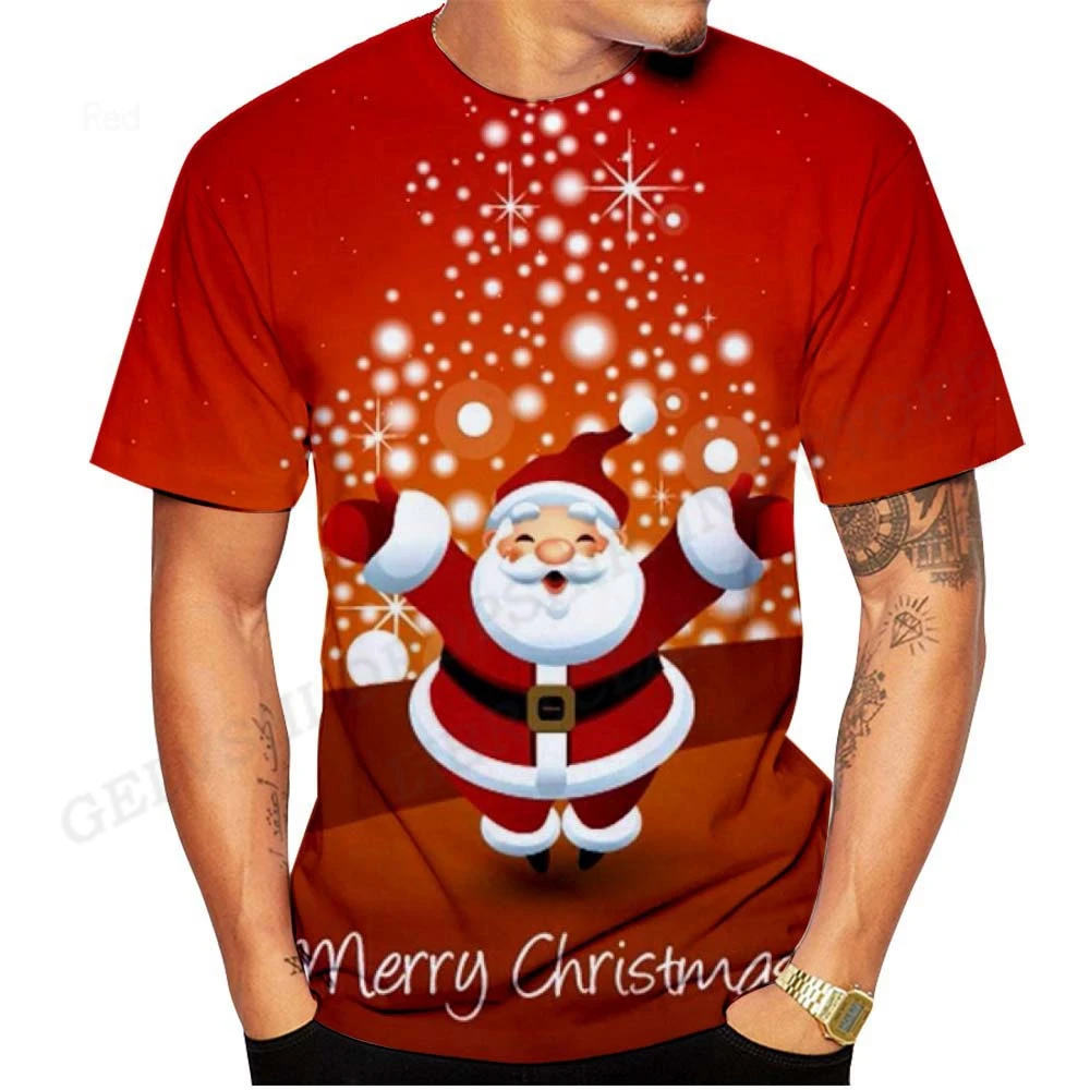

3d printed Merry Christmas T-shirts for men and women, stylish Santa T-shirts Fun red Snowman T-shirts