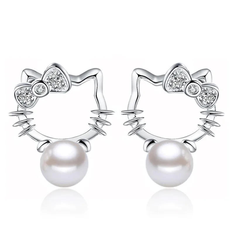 

Sanrio Hello Kitty 925 Silver Plating Woman Super Flash Cubic Zirconia Stone Pearl Earrings Fashion Kitten Jewelry 8Mm Girl Gift