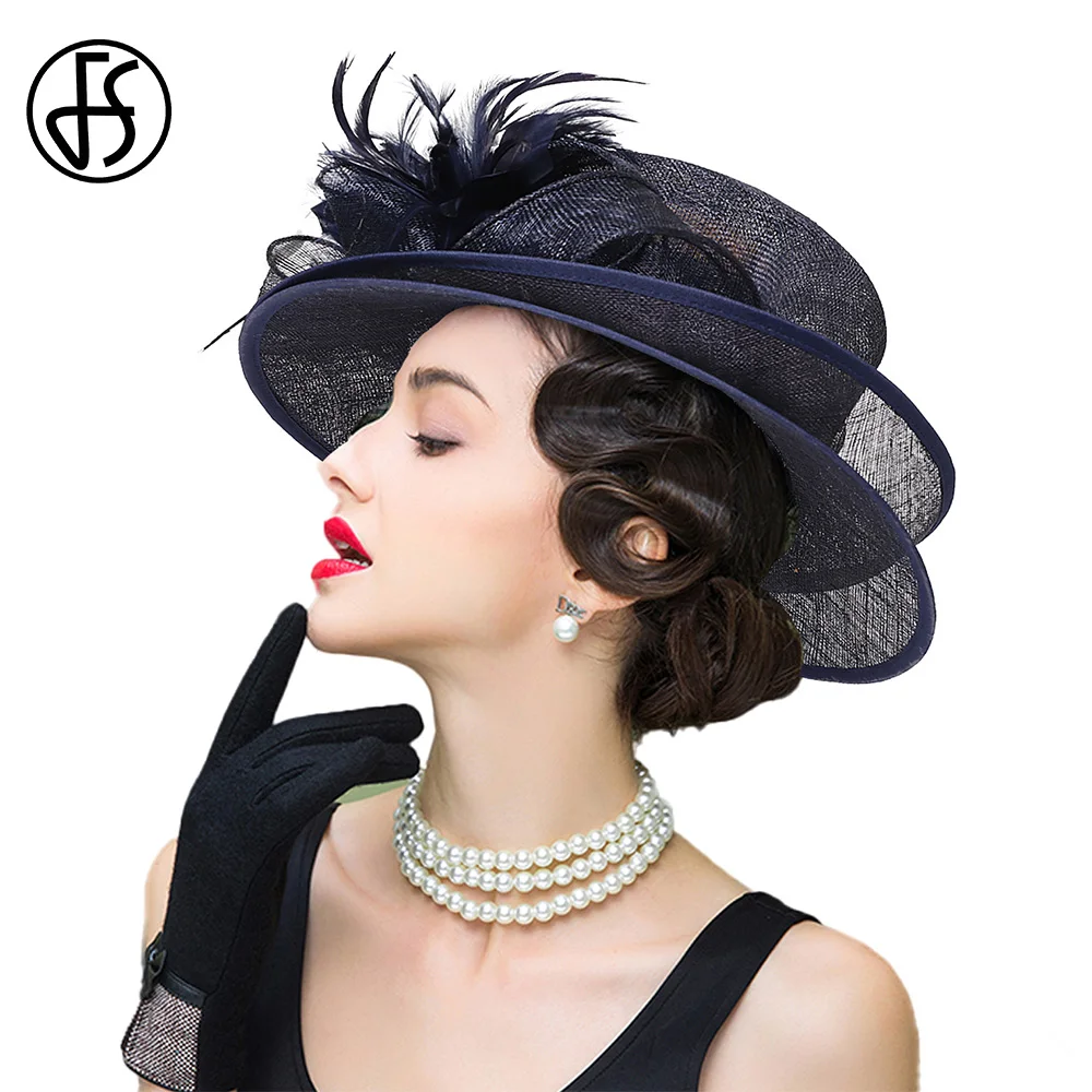 FS Темно-синие шляпы Sinamay с плоским верхом для женщин цветочным пером свадебная