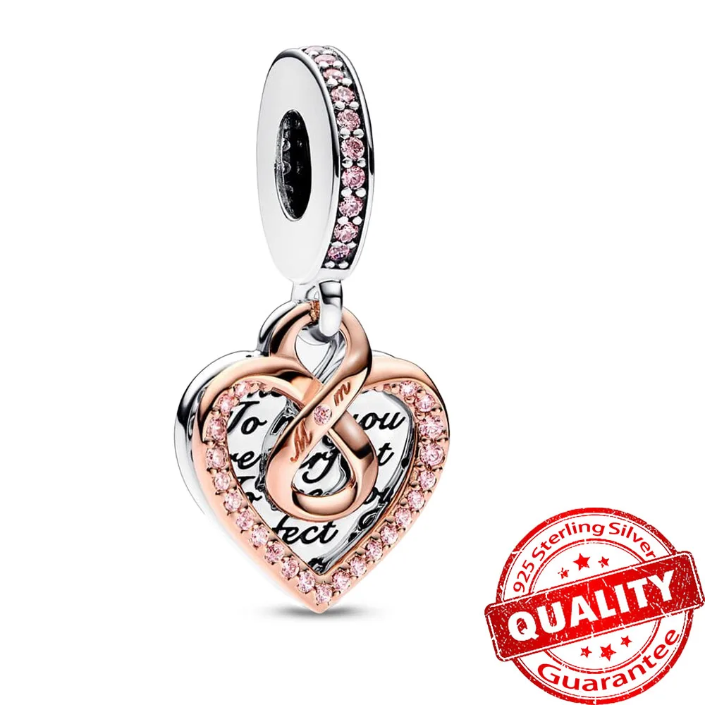 

Classical 925 Sterling Silver Rose Gold Two-tone Infinity Mum Heart Double Dangle Charm Fit Pandora Bracelet Mother Jewelry Gift