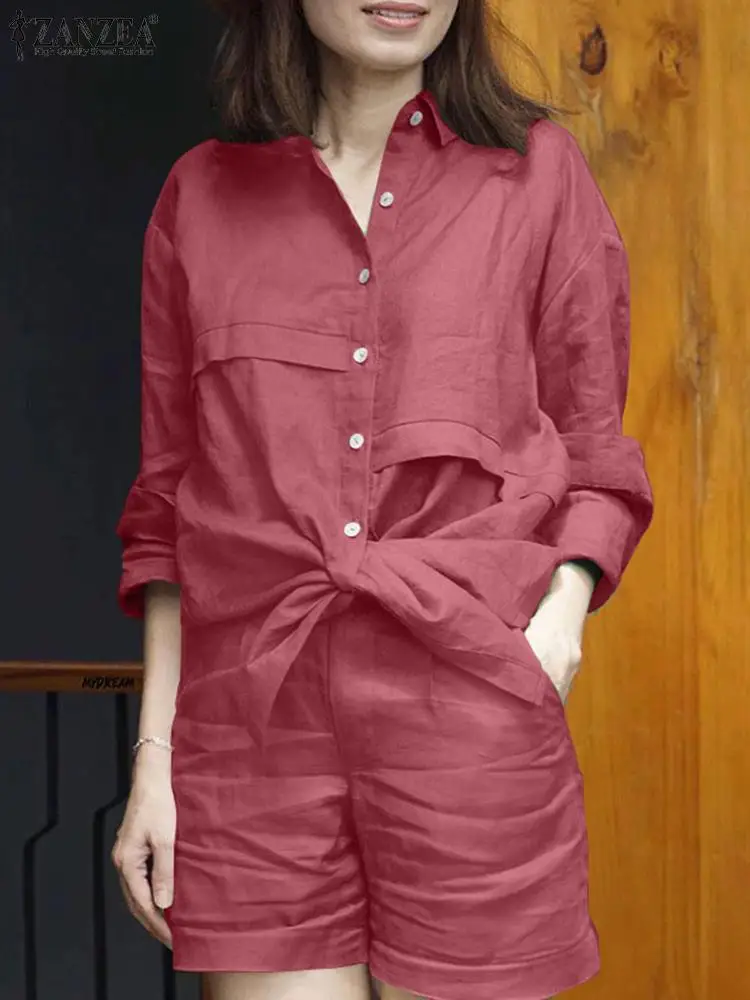 

ZANZEA Fashion Tracksuits Women Casual Matching Sets Long Sleeve Lapel Neck Shirt & High Waist Shorts Trouser Suit Work Outfits