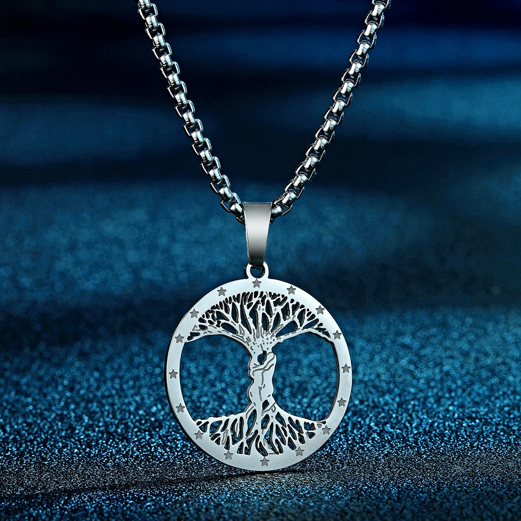 

CHENGXUN Tree of Life Pendant Necklace for Men Women Stainless Steel Hollow Geometry Amulet Charm Chain Jewelry Gift