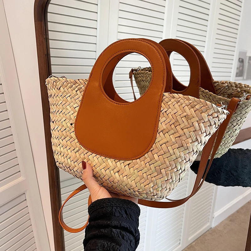 

Designer Pu Leather Splice Straw Shoulder Bags For Women Large Capacity Straw Basket Handbags Summer Braid Beach Crossbody Bag