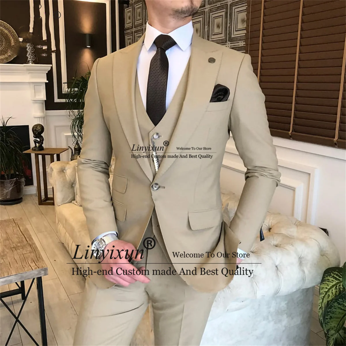 

Деловые костюмы для мужчин, комплект из трех предметов, пиджак и брюки, мужской пиджак с заостренным воротником, свадебный смокинг для жениха, облегающий костюм для мужчин