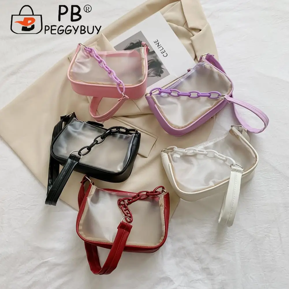 

2022 New Trend Fashion PU Leather PVC Shoulder Underarm Bags Portable Travel Solid Color Transparent Zipper Jelly Handbag