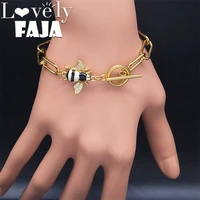 hip hop bee copper zircon pendant bracelet women rock gold color stainless steel chain bracelets girl party jewelry gift bc37s03