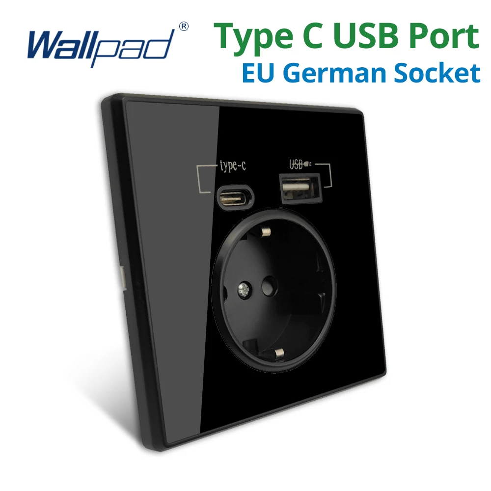 

Wallpad Type-C Outlet Black Acrylic Panel Wall EU Russia Spain German Standard Power Socket With USB Charge Port 5V 2100mA