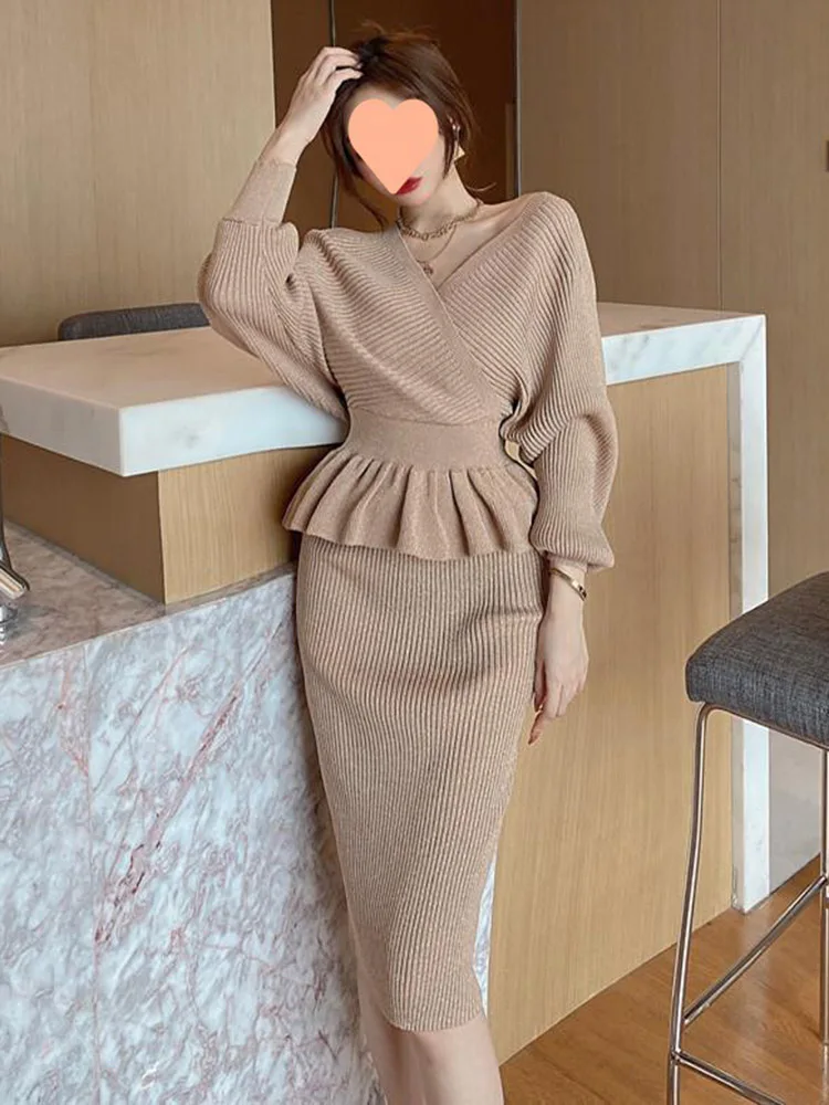 Элегантные трикотажные комплекты из 2 предметов корейский трикотаж сексуальный