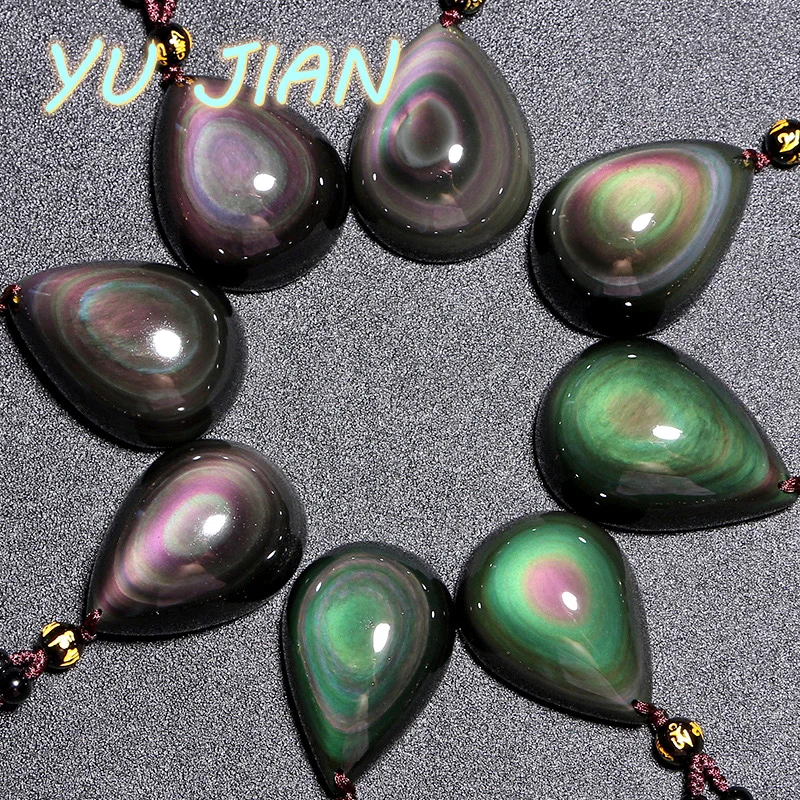 

Lucky Pendant Necklace Ladies Men Natural Obsidian Fashion Rainbow Droplets With Bead Chain Charm Gift Jewelry Accessories