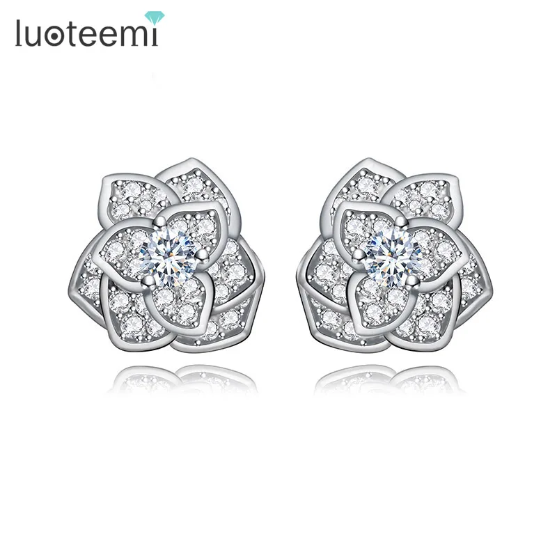 

LUOTEEMI Trendy Statement Rose Flower Cubic Zircon Champagne Gold-Color Stud Earrings For Women Luxury Brincos Wholesale Items
