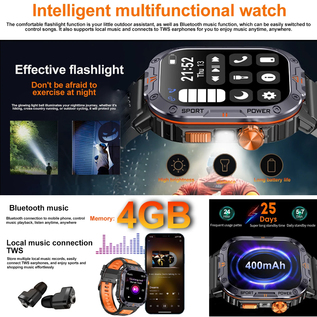 Новинка 2024 2 0-дюймовый HD-экран Bluetooth-вызов умные часы фонарик спортивный
