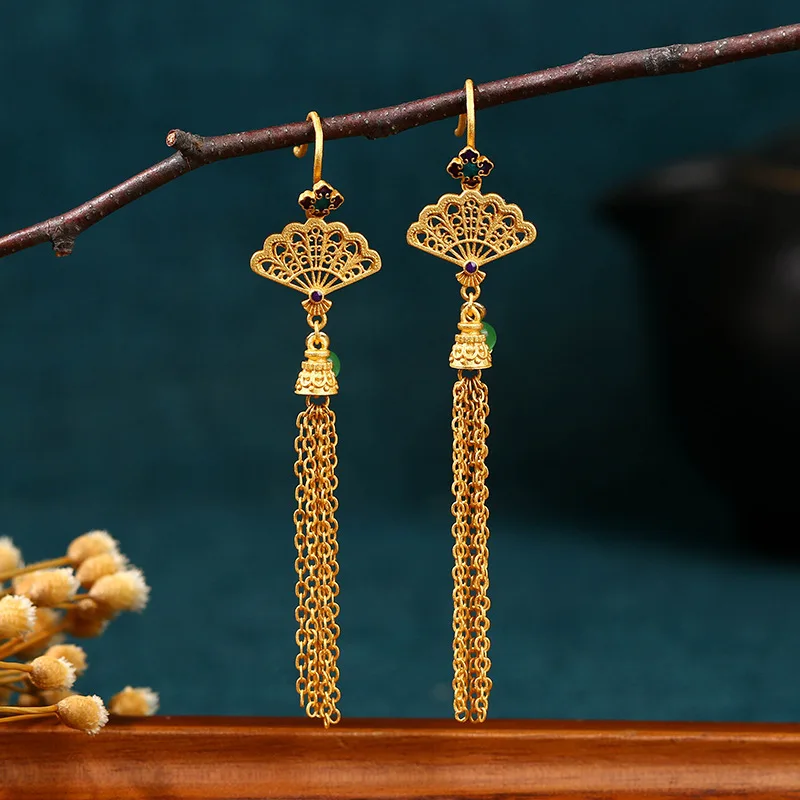 

Ethnic Chinese Fan Shape Vintage Dangle Drop Tassels Hook Earrings For Women Exquisite Niche Earring Jewelry