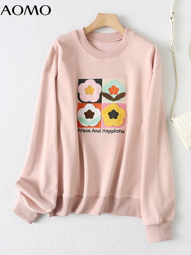 

AOMO Women Fashion Flower Embroidery Sweatshirts Oversize Long Sleeve O Neck Loose Pullovers Female Tops YU212A