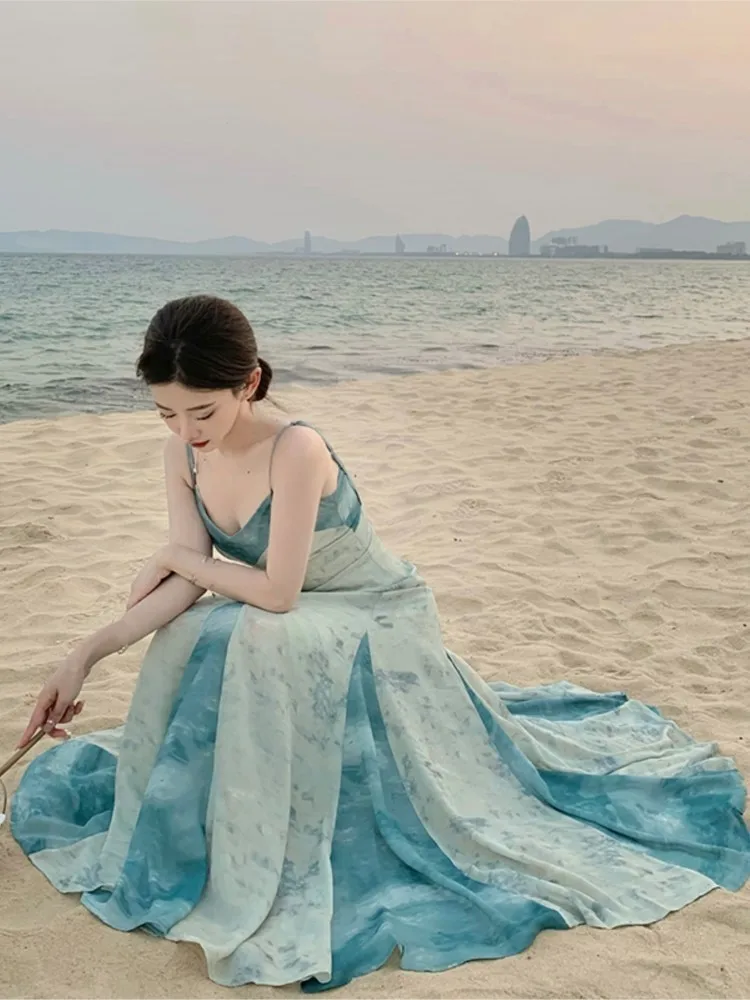 

Elegant Gradient Blue Backless Maxi Dress Women V-neck Spaghetti Strap A-line Vintage Holiday Beach Style Summer Robe Vestidos