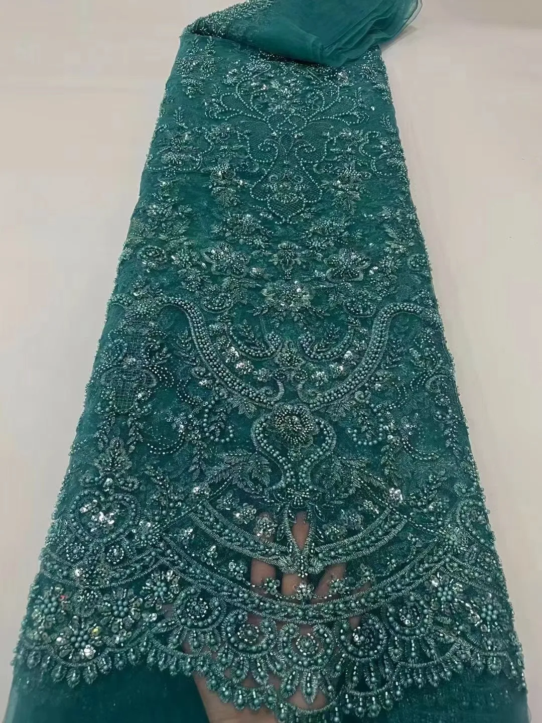 

Blue African French Tulle Embroidery Fully Sequins Nigerian Lace Fabrics High Quality Beautiful Luxury Beaded Lace Fabric Party