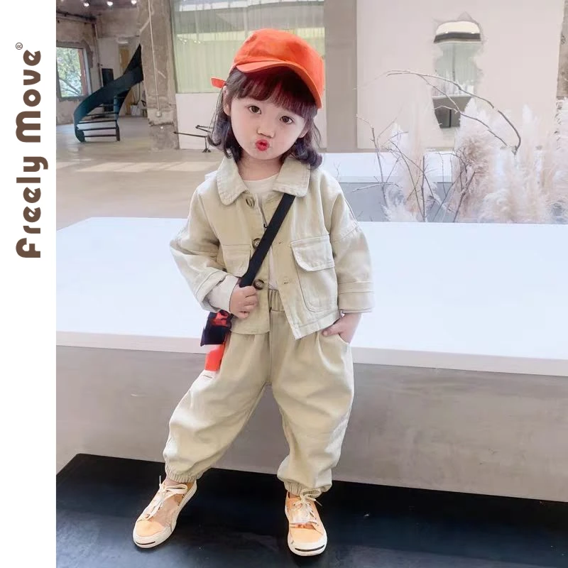 

2PCS Baby Girls Clothing Sets 2023 Autumn Fashion Kids Boys Clothes Solid Demin Long Sleeve Coat Pants Children Suits