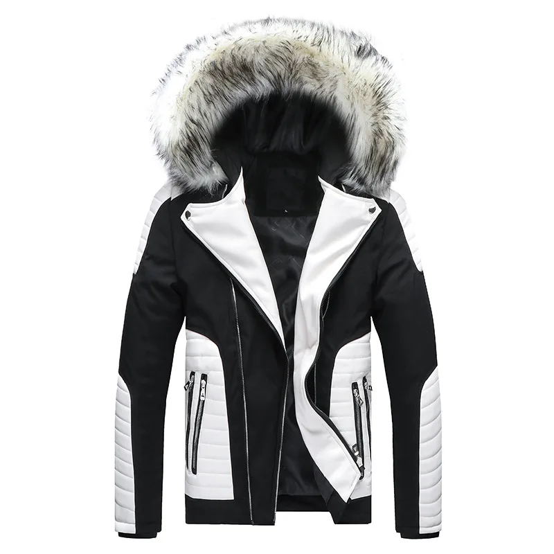 

Winter Jacket For Men Faux Fur With Hat Down Coats Down Winter Jacket Black White Patchwork Plush Thicken Jacket Casual Overcoat
