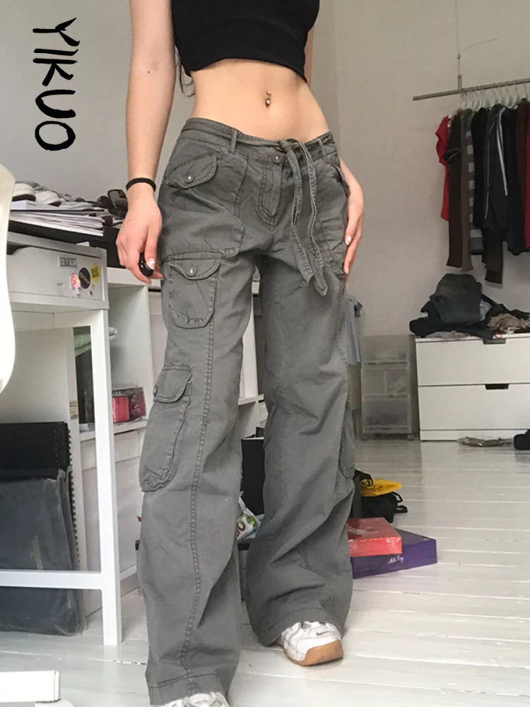 

YIKUO Grunge Streetwear Cargo Pants Woman Low Waist Baggy Mom Jeans Vintage 90s Hippie Wide Leg Denim Trousers Korean Outfits