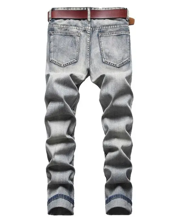 Nostalgic Jeans Men's Hole Personality Embroidered Men's Clothing Jeans Men Hole Denim Pants Stretch Slim Straight Pants