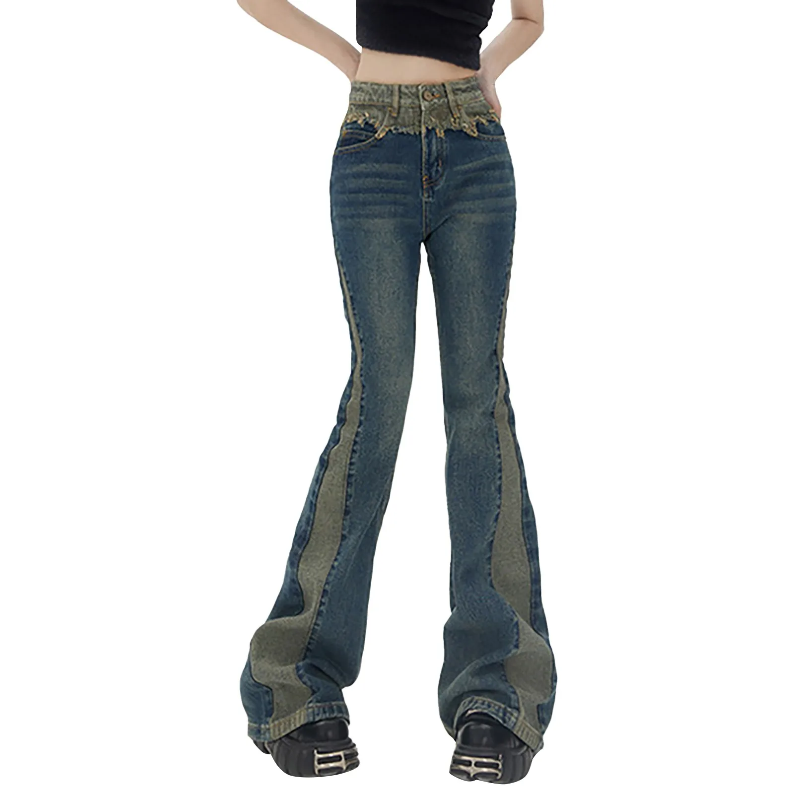 

Винтажные Лоскутные расклешенные джинсы с высокой талией, простые и изысканные дизайнерские брюки с вырезами для женщин