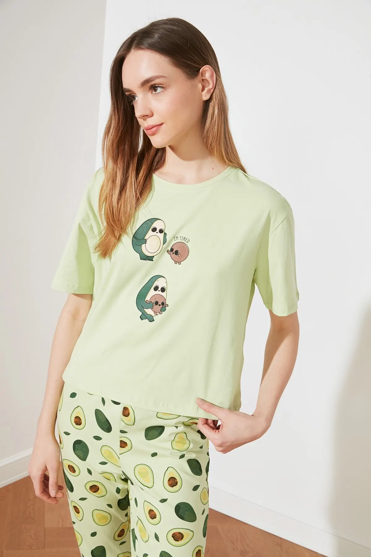 

Женская пижама, зеленая вязаная Пижама с рисунком авокадо, одежда для сна и отдыха, ночное белье, ночная рубашка, повседневная домашняя одеж...