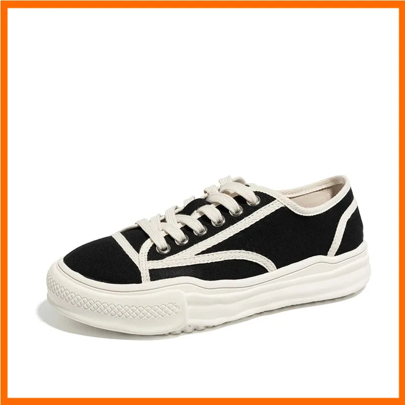 

Женские холщовые кроссовки, дышащие, на шнуровке, массивная плоская платформа, черные, весна-лето