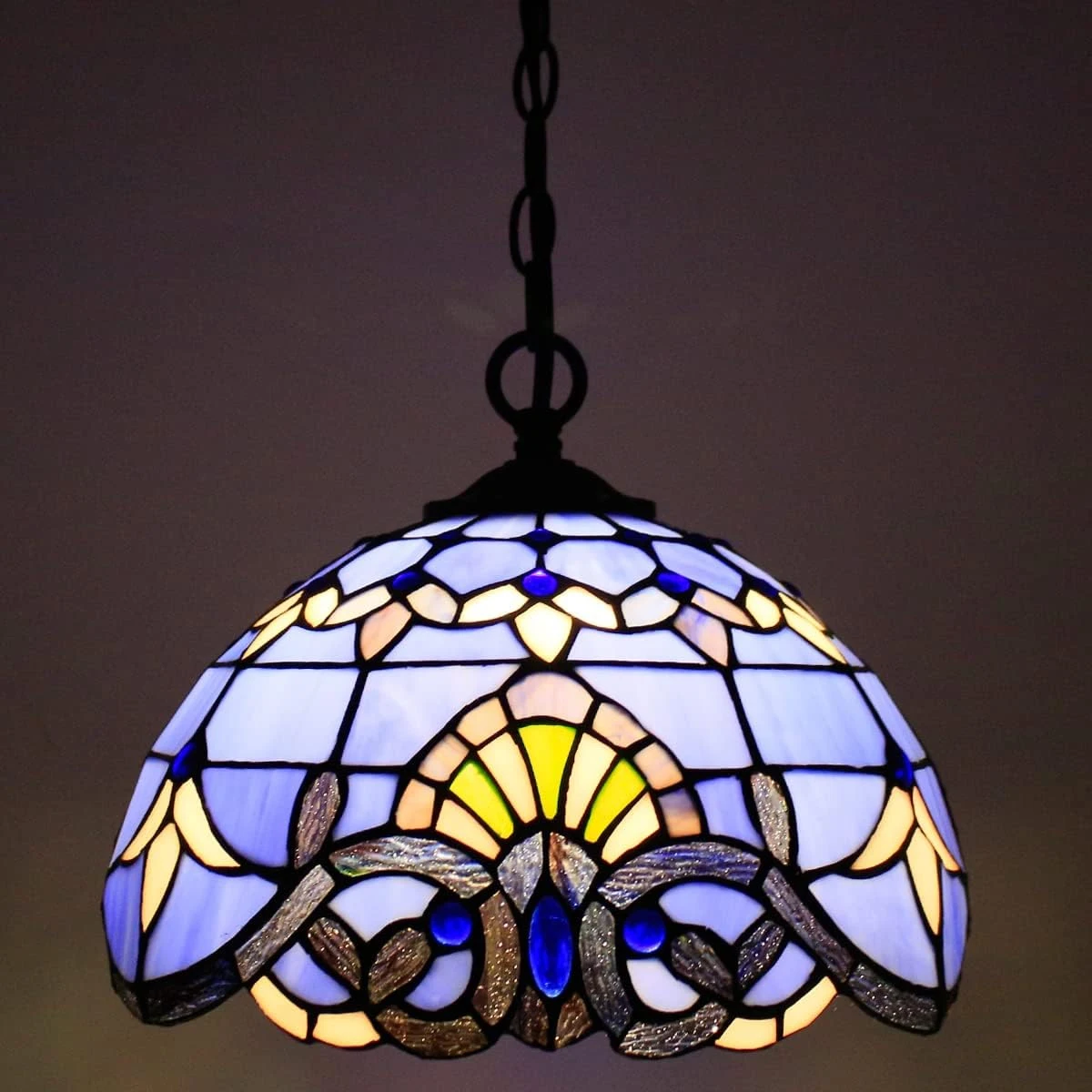

WERFACTORY Tiffany Pendant Light Plug in Blue Purple Baroque Stained Glass 12 Inch Hanging Lamp