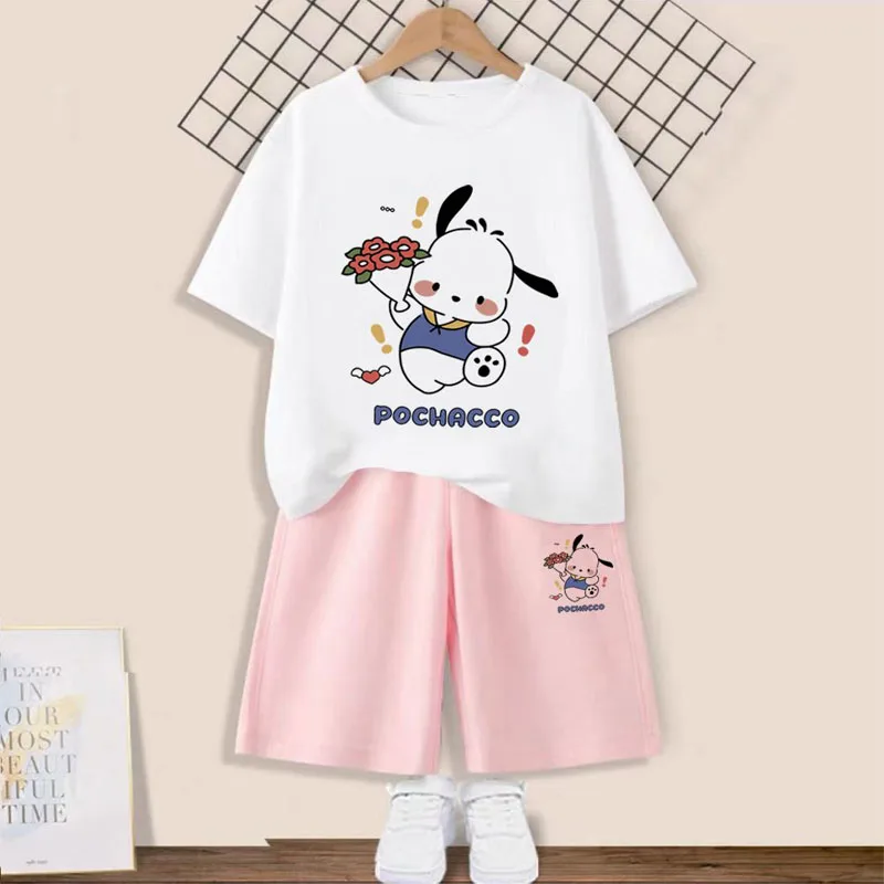 

Sanrioed Anime Kuromi Cinnamoroll Melody Pochacco Korean Children's Clothing Boy Girl Casual Short Sleeved Shorts Two-Piece Gift
