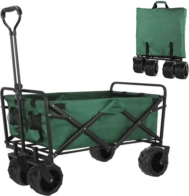 Folding Collapsible Outdoor Utility Wagon Cart, Heavy Duty Garden Cart with All-Terrain Wheels and Carrying Bag for Shopping