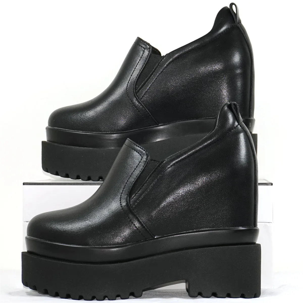 

2023 Fashion Sneakers Women Slip On Genuine Leather Wedges High Heel Ankle Boots Female Round Toe Platform Pumps Casual Shoes