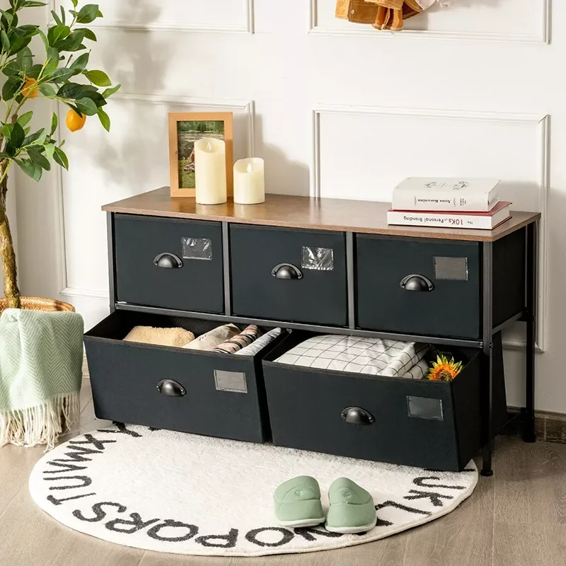 

5 Collapsible Simple Drawers Dresser Storage Organizer Spacious MDF Top Heavy Duty Steel Frame Metal Handle Fabric Labels Drawer