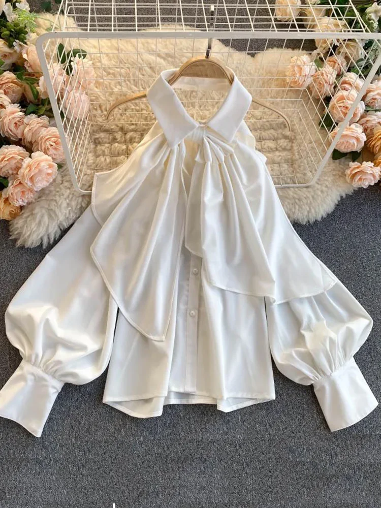 Блузка женская демисезонная с лямкой на шее и бантом