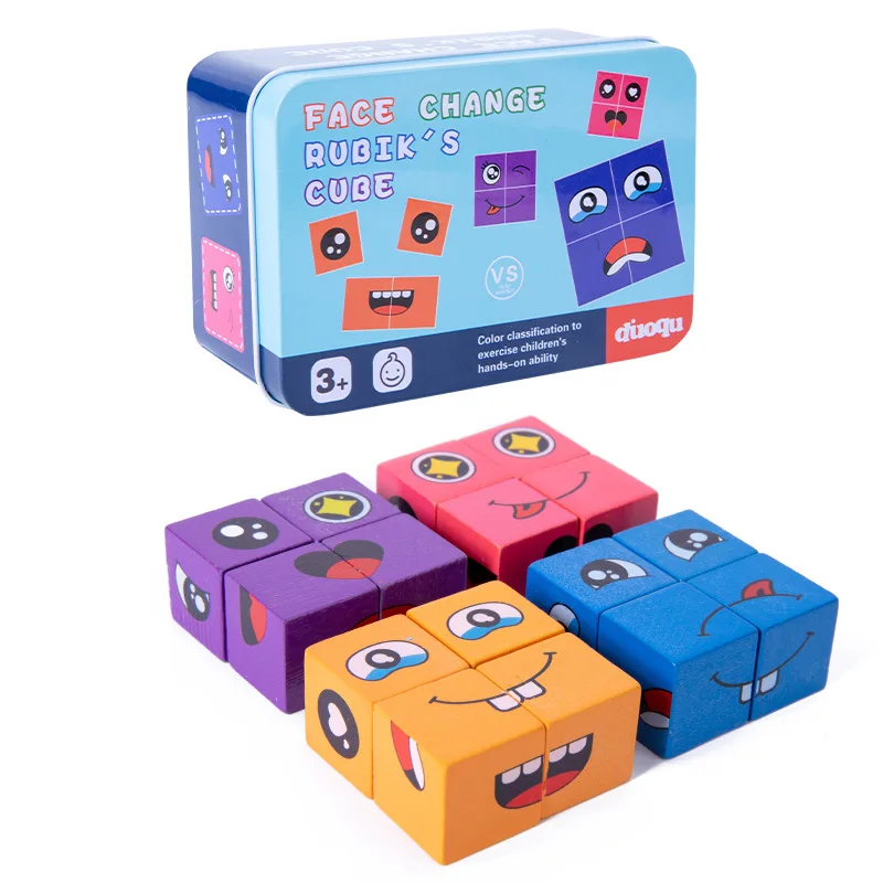 

Kids Montessori Toy 64 pcs Cards of Emoticon Puzzle Face Change Cubes Wooden Toys Building Blocks Educational Game for Children