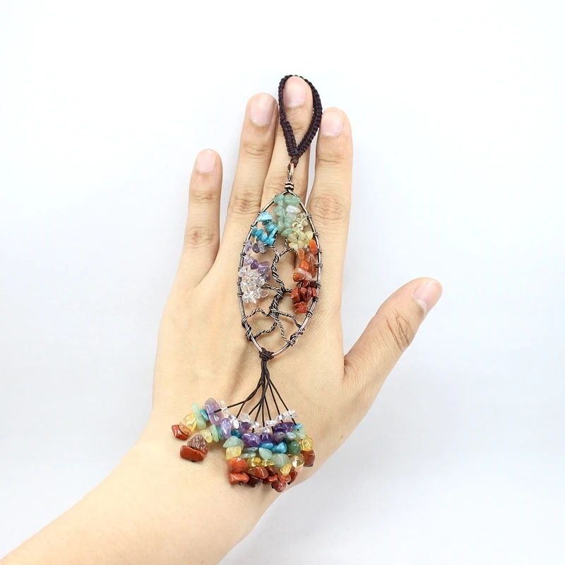 

Natural Stone Pendant Olive Shape Car Hanging 7 Chakra Life Of Tree Colorful Irregular Crystal Quartz Healing Amulet Fengshui