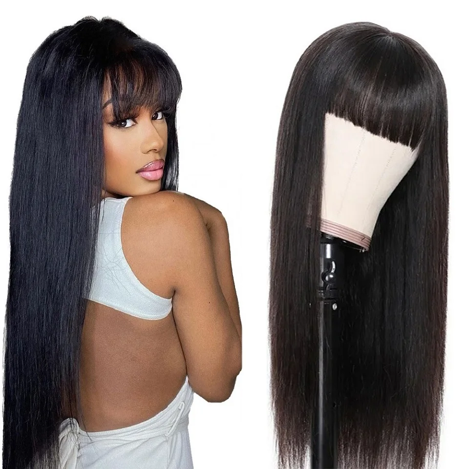 

100% Human Hair Wig With Bangs Smooth Human Hair Wigs For Black Women Cheap Natural Hair Wigs 30 Inch Long Peruvian Fringe Wig