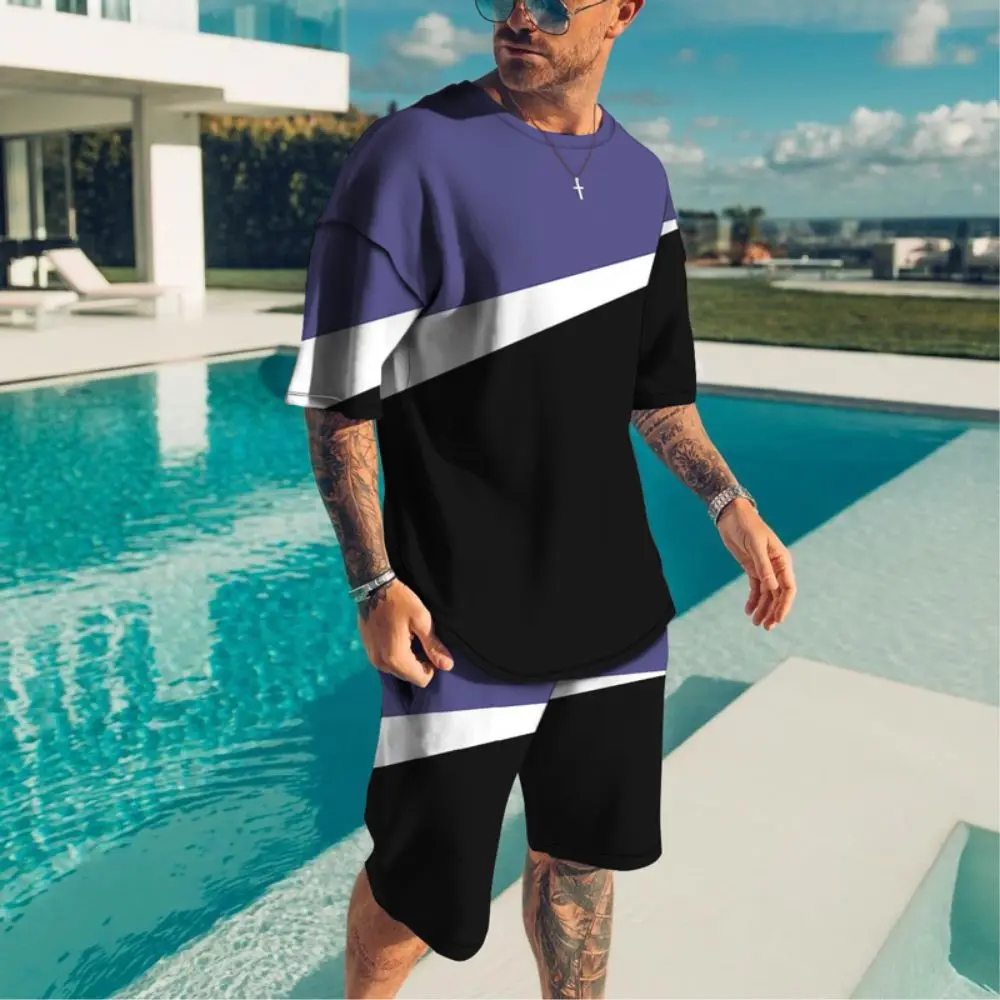 Clothes for Men 3D Printed T-shirt Suits Plus Size Color Block Graphic Round Neck Fashion Designer Short Sleeve 2 Pieces Summer