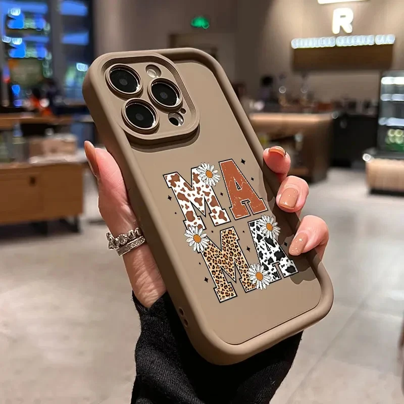 Фото Противоударный силиконовый чехол для iPhone 17 Air 16 E 15 14 Plus 13 12 Mini 11 Pro Max с леопардовым и коровьим принтом и надписью «Mama» №3