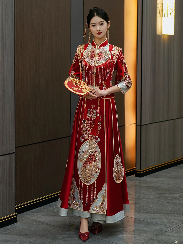 Exquisite Embroidery Chinese Style Marriage Set Bride Wedding Dress Cheongsam Retro Tassel Bride Gift Toast Clothing