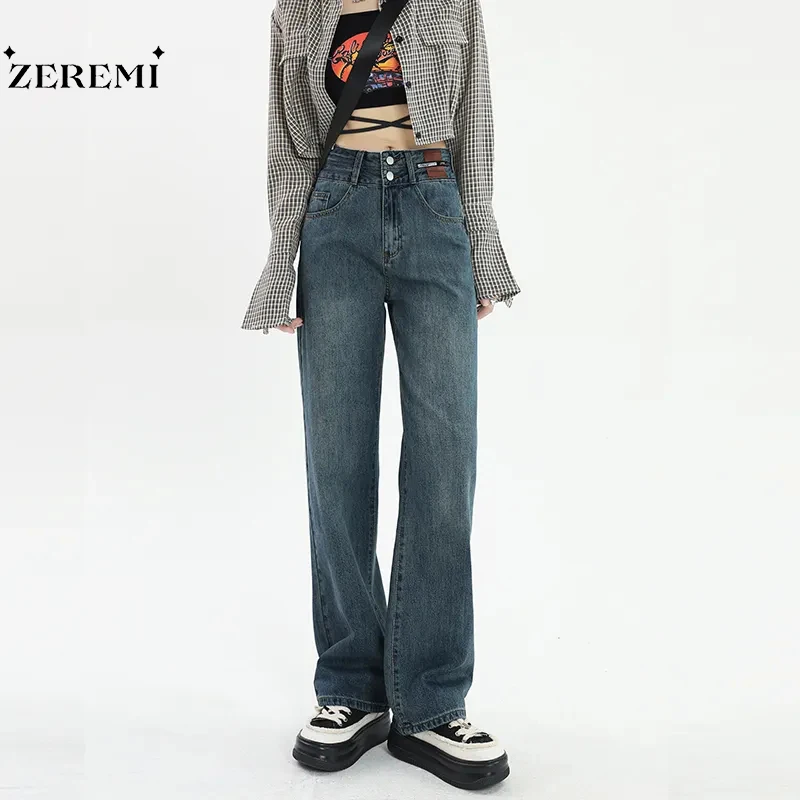 

Джинсы-мешковатые женские с завышенной талией, винтажные тонкие свободные прямые брюки с широкими штанинами, из денима с двумя пуговицами, ...