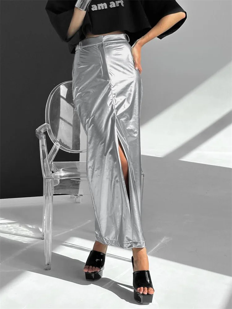 

Tossy Silver Fashion Straight Maxi Skirt Women Glitter Split Patchwork Summer High Street Long Skirt Casual Female Y2k Skirt
