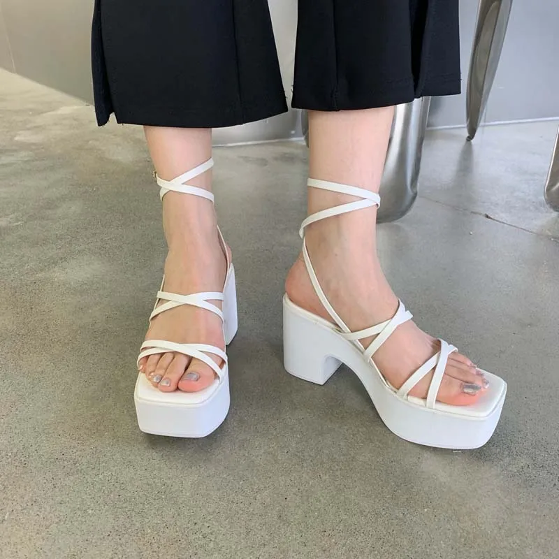 

White Platform High Heels Women Block Heel Sandal Belt Cross Female Shoes Punk Gladiator Sandals Summer Sandalias De Verano