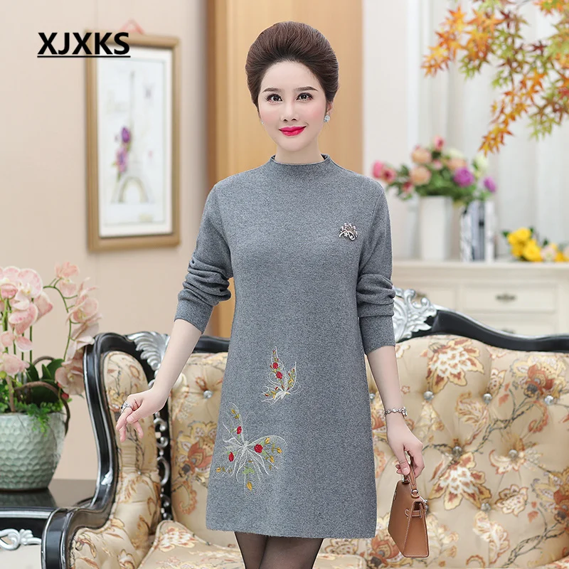 

XJXKS женский зимний длинный свитер 2022 Новый темпераментный вышитый узор бабочки красивый женский шерстяной вязаный пуловер платья