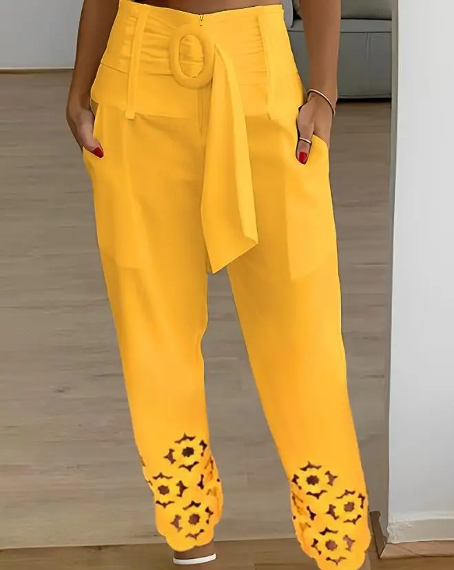 Elegant Casual Plain Pants for Women High Waist  Hollow Out Belted Pocket Design Pants with Belt Ankle Trousers Office Lady