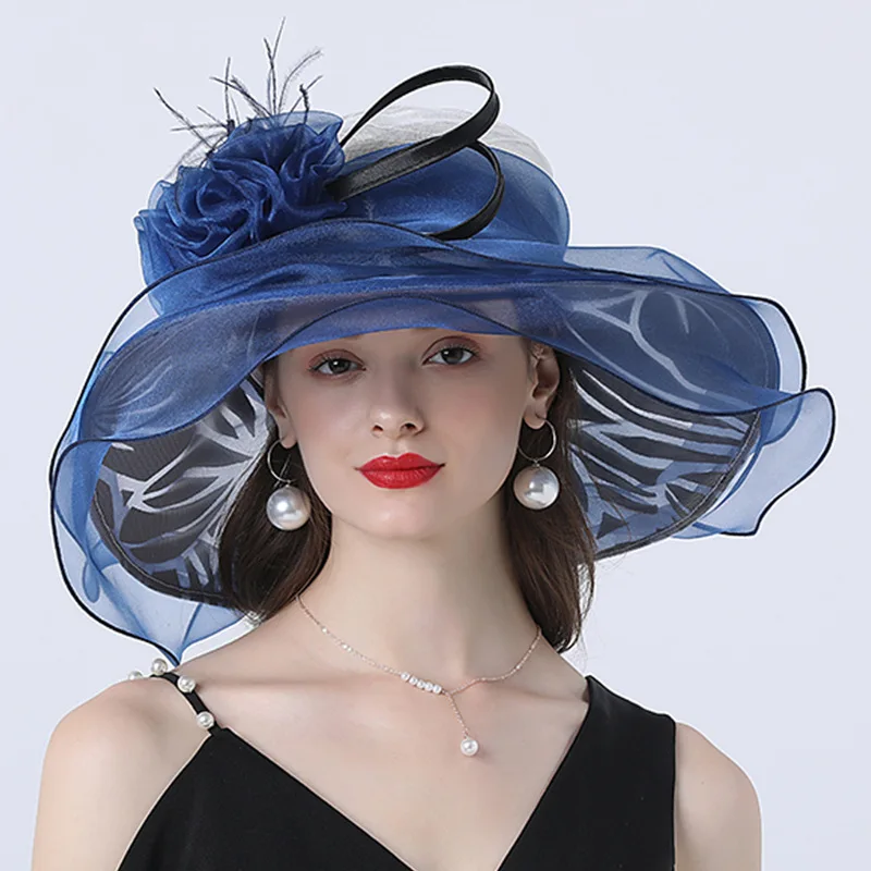 

Women Summer Wide Brim Sun Hats Organza Beach Cap Ladeis Fascinator Hat Church Kentucky Derby Wedding Bridal Hat Dress Party Cap