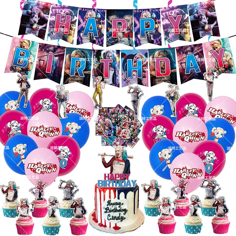 

DC Anime Figure Harley Quinn Theme Party Balloon Pull Flag Row Set Scene Layout Decoration Children's Party Birthday Gifts