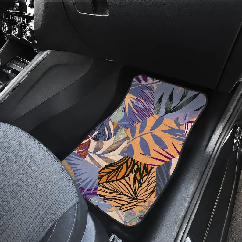 Blue Brown Beige Leaves Floral Flowers Car Floor Mats Set, Front and Back Floor Mats for Car, Car Accessories images - 6