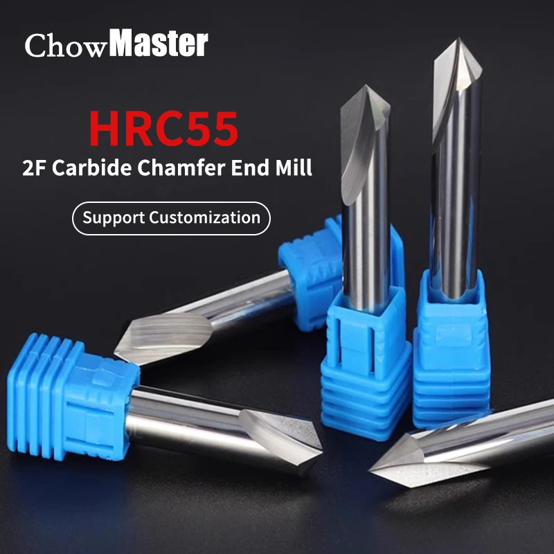 Твердосплавная концевая фреза Chowmaster для снятия фаски без покрытия, 2-зубая фреза с фаской 60/90/120 градусов, фреза из карбида вольфрама для алюминия