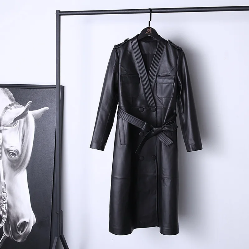 Кожаный плащ для женщин 2024 оранжевый с v-образным вырезом двубортный ремень на