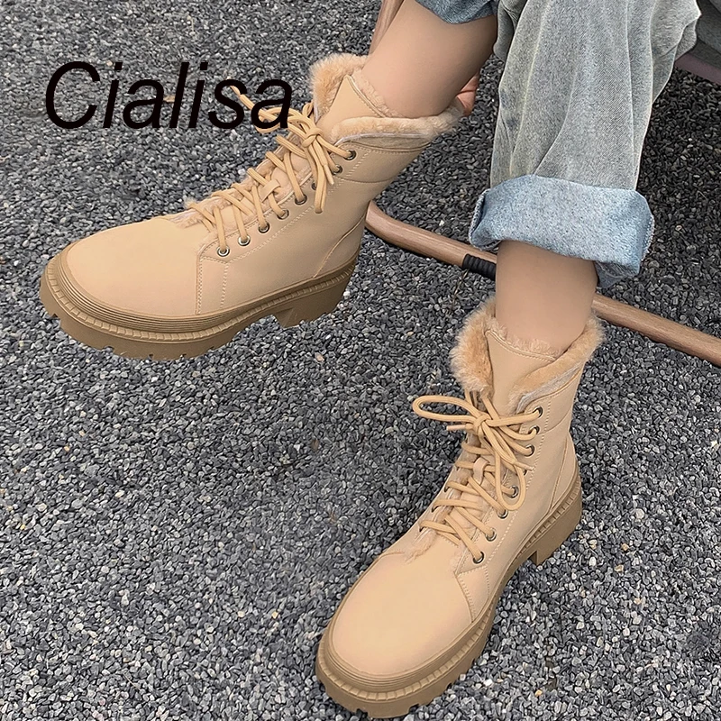 

Женские короткие ботинки Cialisa, из натуральной кожи, теплые меховые ботинки с круглым носком и перекрестной шнуровкой, на толстом каблуке, полусапожки абрикосового цвета для зимы